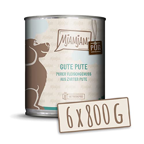 MjAMjAM - Premium Nassfutter für Hunde - purer Fleischgenuss - gute Pute pur 800g, 6er Pack (6 x 800g), naturbelassen mit extra viel Fleisch