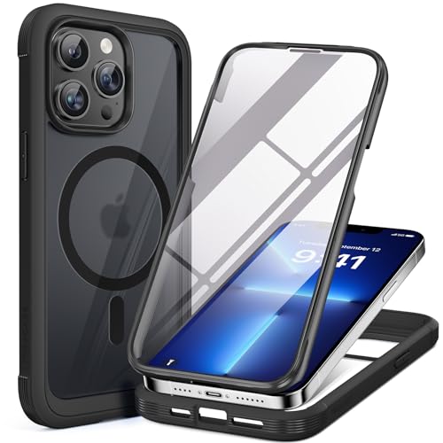 Image of Miracase Magnetic for iPhone 13 Pro Max Case 6.7 inch, (Compatible with MagSafe) Upgrade Full-Body Clear Phone Bumper Case with Built-in 9H Tempered Glass Screen Protector, Magnetic Matte Black