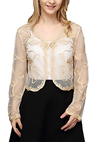 Torera Mujer Cardigan Elegantes Para Boda Fiesta Bolero Manga Larga Niñas Ropa Transparentes Encaje Moda Vintage Capa Estola Tops (Color : Apricot, Size : One Size)