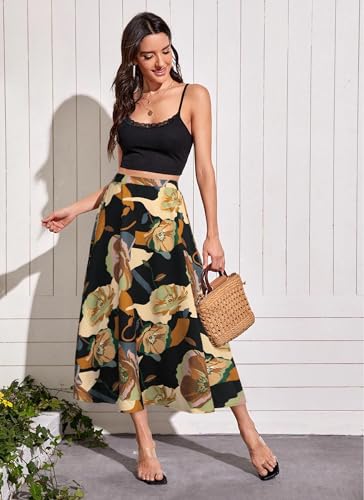 POPZONE Women's Midi Skirts Boho Fall Summer Flowy Elastic High Waist Floral Below The Knee Long Skirts for Women2