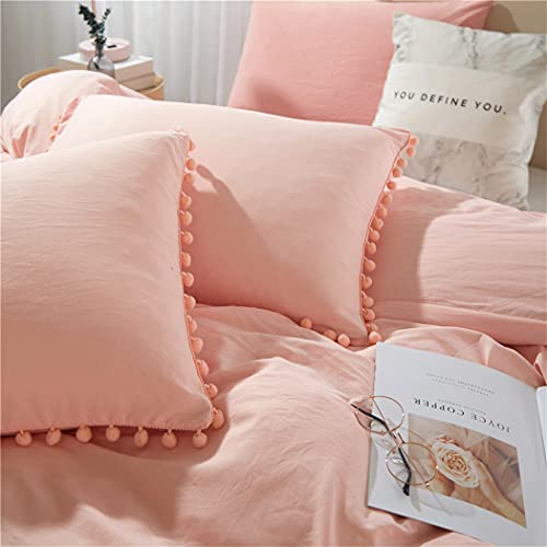 Ihoustriy Duvet Cover Full Size,100% Washed Microfiber 3Pcs Bedding Duvet Cover Set, Pom Poms Fringe Solid Color Soft And Breathable With Zipper Closure & Corner Ties (Peach Pink, Full) #TOP4