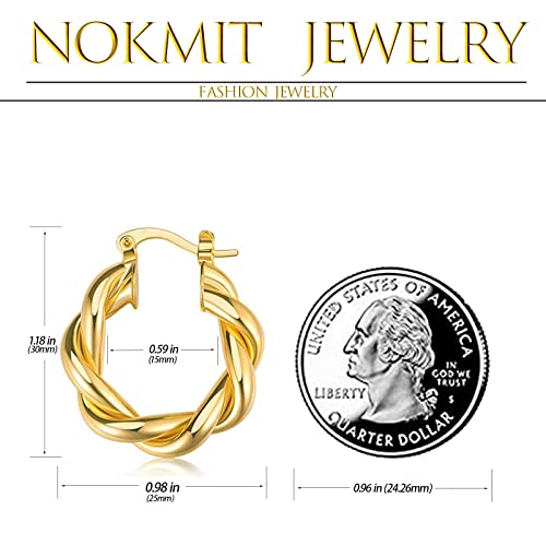 NOKMIT Twisted Hoop Earrings for Women 18K Gold Plated Open Thick Rope Round Chunky Hoops Lightweight High Polished Gold Hoop Earrings Gifts2