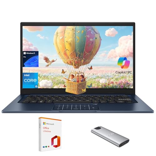 ASUS Vivobook 14 Ordinateur portable 14' FHD Bussiness Intel Core i5-1334U, 16 Go de RAM, 512 Go SSD + SSD portable 128 Go, Copilot AI, charge rapide, NumberPad, Windows 11 Pro, avec bureau à vie