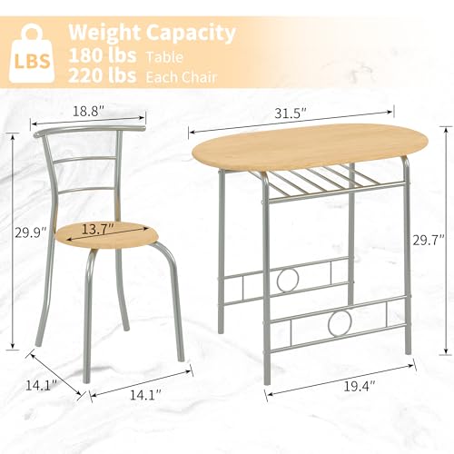 Image of VECELO 3-Piece Dining Table Set for Kitchen Breakfast Nook, Wood Grain Oval Tabletop and Metal Frame with Built-in Wine Rack, for Small Spaces, Natural & Silver