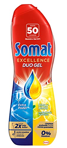 Somat Excellence Gel Lima y Limón (50 lavados), detergente lavavajillas desengrasante, lavavajilla líquido automático en botella, jabón para platos que elimina la suciedad incrustada