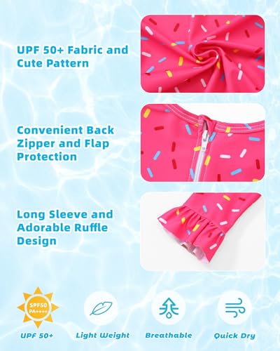 Girls One Piece Swimsuits Long Sleeve Ruffle Zipper Bathing Suit Cute Kids UPF 50+ Rashguard Swimwear 1-6 Years2