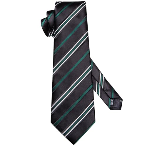 Image of Hi-Tie Striped Black Dark Green Ties Woven Formal Men Necktie Lapel Pin Pocket Square Cufflinks Sets Formal Business Wedding
