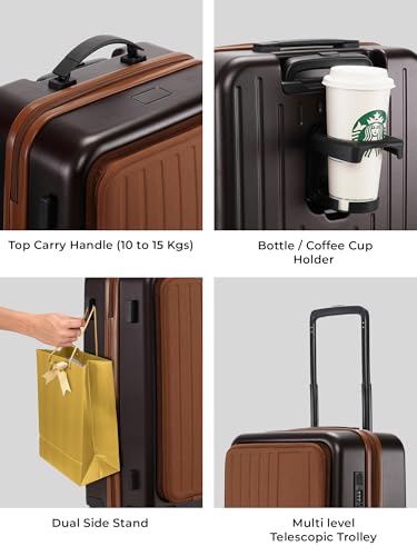 Image of EUME Cabin Pro Luggage Trolley for Travel 57cm, Cabin Bag | Trolley Bag Small for Luggage | with Laptop Sleeve | 100% Polycarbonate (PC) 8 SilentRun Hinomoto Wheels, Espresso Brown
