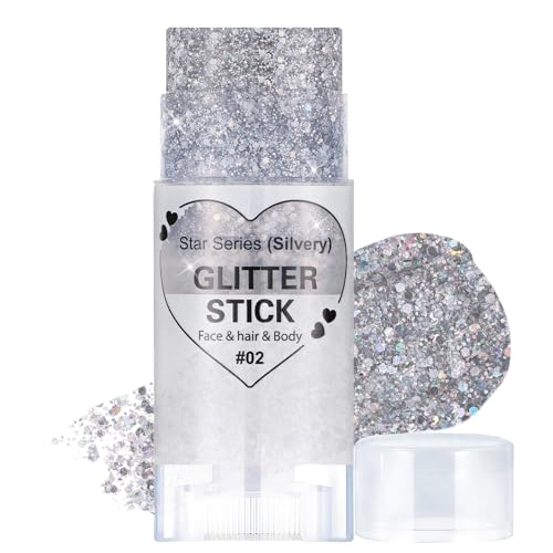Prreal Body Glitter,Mermaid Sequins Glitter Stick Face Sparkling,Chunky Holographic Hair Glitters,Lips Nails Festival Rave Halloween Makeup, 02 Silvery