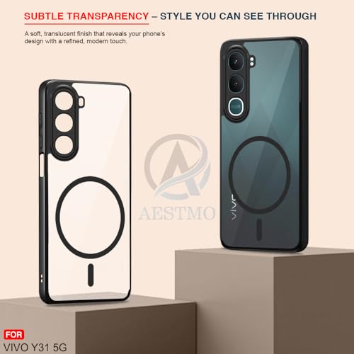 Image of AESTMO Vivo Y31 5G Back Cover | 360 Protection | Crystal Clear Hard Back Transparent | Compatible with MagSafe Accessories (PC+TPU, Black Bumper)