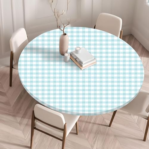 Cozomiz Mantel Redondo Rectangular de Elástica Ajustada Protector de Mesa con Bordes Impermeable Cubierta de Mesa Resistente a Agua Cuadrícula Azul 110cm Corte Entallado Redondo