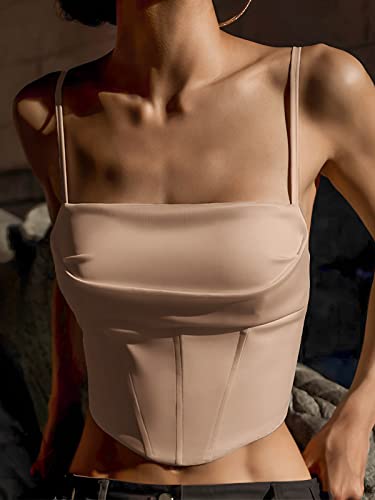 Vnira Women's Corset Top Sexy Y2K Crop Tops Going Out Sleeveless Bustier Satin Lace Up Zip Spaghetti Strap Tank Tops Khaki S #TOP6