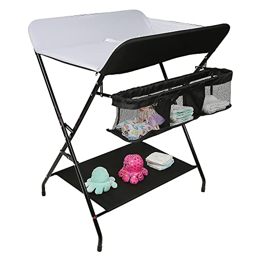 Cambiador Bebé, Cambiador Portátil Plegable con Ruedas y Espacio de Almacenamiento Cambiador para Bebé Altura Ajustable Carga hasta 15kg (79 * 55.5 * 96cm-blanco y negro)