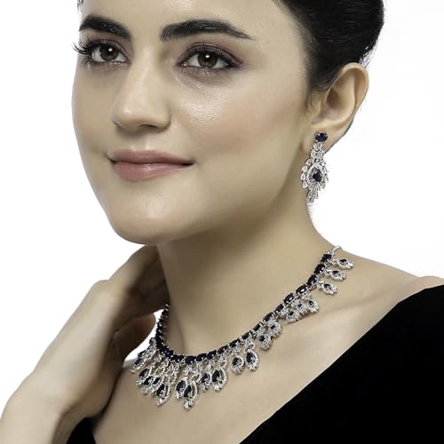 Image of ZENEME Rhodium-Plated American Diamond Studded Oval & Teardrop Shaped Necklace With Earrings Jewellery Set For Girls and Women