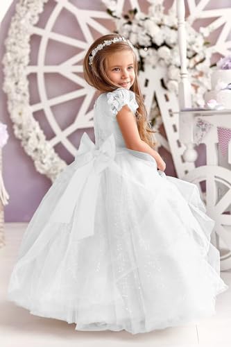 MCieloLuno Flower Girl Dresses for Wedding Bow-Knot Long Lace Tulle Princess First Communion Dresses for Kids Gilrs2