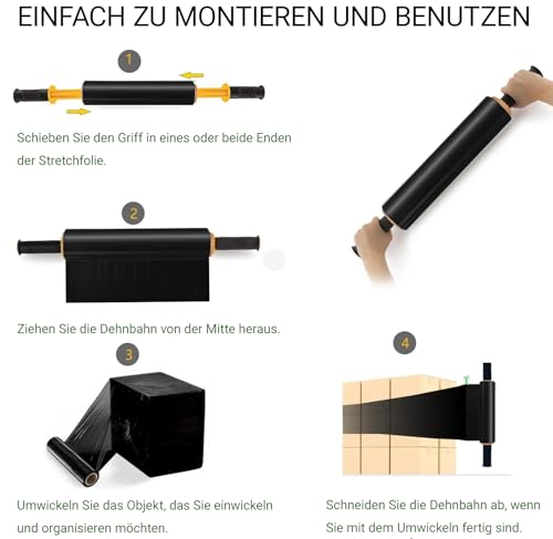 2 Rollen Schwarze Stretchfolie mit Griffen, 38,1 cm x 300 m, Schrumpffolie, Umzugsfolie, Lieferanten, 60 Gauge, Kunststofffolie für Palettenverpackung, Versand und Oberflächenschutz (A2)