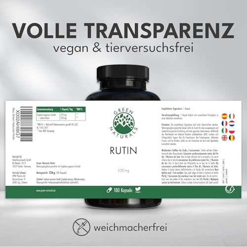 Green Naturals® Rutin 500 mg pro Kapsel – aus Sophora japonica (95% Rutin) – Bioflavonoid, vegan & ohne Zusätze, ohne Magnesiumstearat – Made in Germany, laborgeprüft – 180 Kapseln, 6 Monate