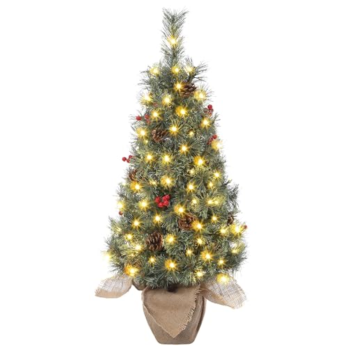 2pcs GarveeHome Small Christmas Tree with Lights 3ft, Mini Christmas Tree with Lights 3ft, 3 ft Christmas Tree pre-lit with 78 Warm White LED Lights, Red Berry Clusters and Cloth Bag Base for Holiday