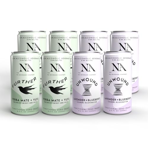 NA Functional Beverage Variety Pack, Energizing Yerba Mate Yuzu, Calming Lavender Blueberry, 8.4oz (8 Pack), Adaptogens & Functional Mushrooms, Organic & Non-GMO, Low Calorie & Low Sugar
