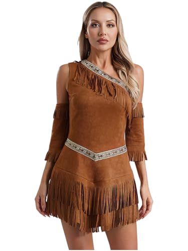 Zaldita Pocahontas Costume for Women Native American Outfits Warrior Princess Dress for Halloween Brown Medium