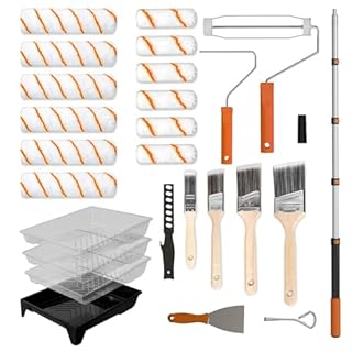 LAANPOLE Rouleau Peinture avec 1,3m Perche Telescopique, 27 Pièces Kit Peinture Mur, Rouleaux de Peinture 23 cm/10 cm pour Murs, Manches Microfibre pour Peinture Professionnelle, Orange