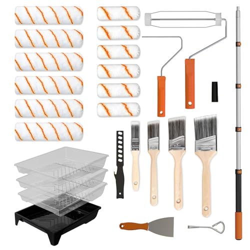 LAANPOLE Rouleau Peinture avec 1,3m Perche Telescopique, 27 Pièces Kit Peinture Mur, Rouleaux de Peinture 23 cm/10 cm pour Murs, Manches Microfibre pour Peinture...