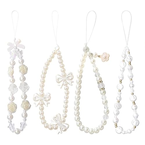 FOEEORT 4 Pcs Phone Charm Strap, Beaded Phone Bracelet Strap, White Pearl Bow Cell Phones Charms, Cute Phoner Charm, Wrist Straps Handmade Mobile Phones Chain for Women Anti-Lost Lanyard