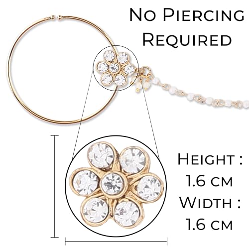 Image of Suhana Goldon Plated Traditional Ethnic Bridal Nose Ring /Nath without piercing with Pearl Chain Encased with Stone for Women /Girls (Nose Ring Diameter - 5)
