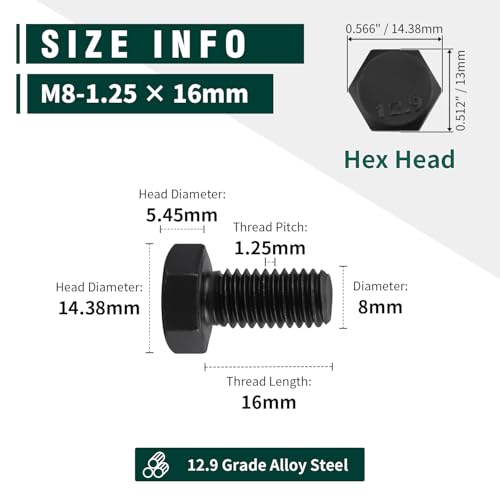 Image of M8-1.25 x 16mm Hex Bolts, 12.9 Grade Alloy Steel, Black Oxide Finish, Full Thread, Coarse Thread UNC, Hexagon Head Bolts 20 PCS