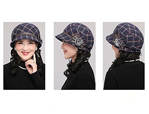 Colorsun Women Ladies Retro Foldable Winter Warm Cotton Plaid Cloche Bucket Cap Beret Beanie Hats With Flower Dark Blue #TOP2