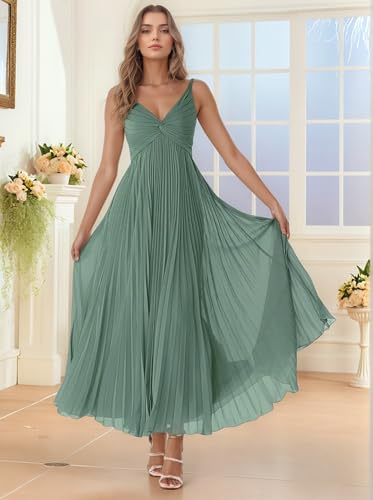 VOfuter Elegant Pleated Chiffon Bridesmaid Dresses Women's Ankle-Length Deep V-Neck Formal Dress2
