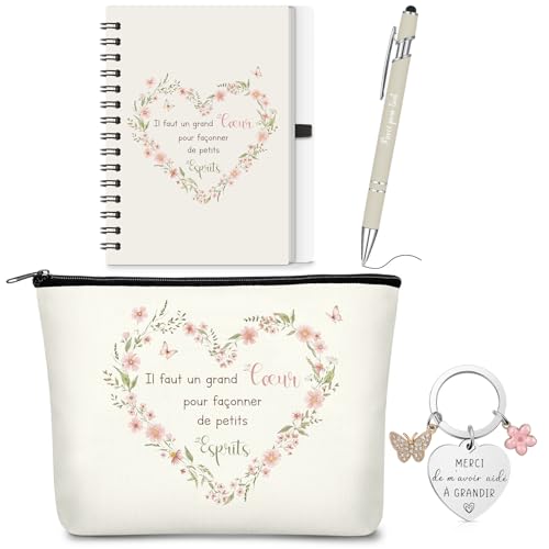 BBTO Set de 4 Piezas Regalo de Agradecimiento para Profesor Incluye Neceser Cuaderno de Espiral Bolígrafo Llavero con Texto(Maîtresse)