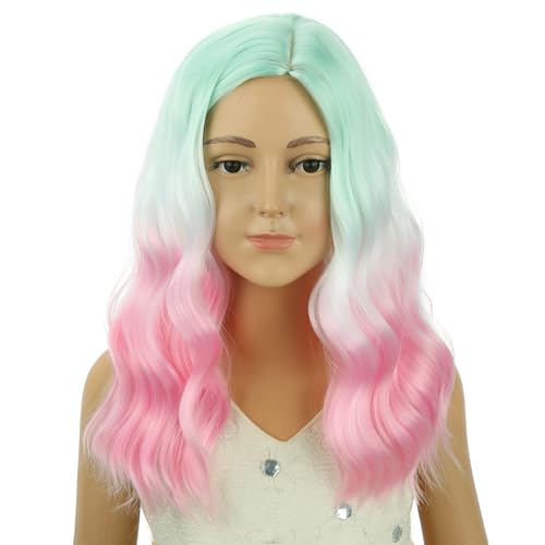 Image of PATTNIUM Rainbow Short Curly Wavy Wigs for Kids Girls Green White Pink Ombre Heat Resistant Synthetic Wig Halloween Cosplay Costume Party Wigs