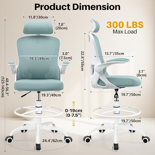 Image of Drafting Chair, Tall Office Chair for Standing Desk, Ergonomic High Back with Headrest, Lumbar Support, Foot Ring and Flip-up Armrests, Light Blue