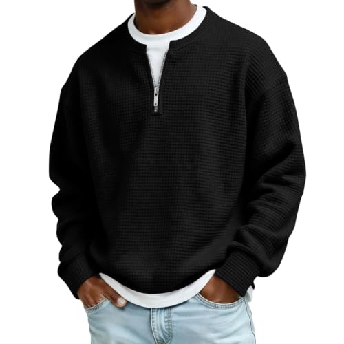 Layered Comfort Waffle Tee Men Quarter Zip Casual Fall Long Sleeve Shirt