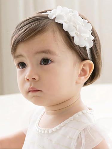 ICKEYOU Baby Girls Hairband White Bow Lace Headbands Handmade Soft Stretchy Wide Head Band Newborn Hairbands with Bows Pearls Elastic Headband for...