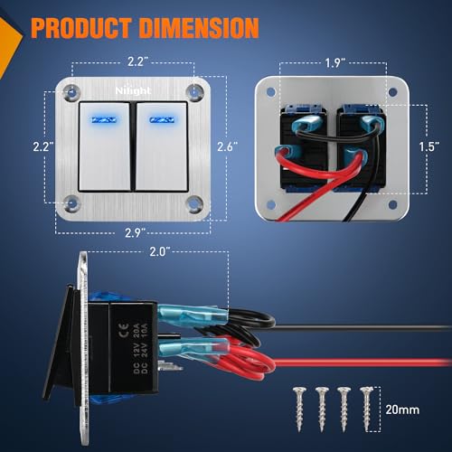 Image of Nilight 2 Gang Rocker Switch Panel 3 Pin On Off Pre-Wired Blue LED | Waterproof Aluminum Toggle Switches with DIY Stickers for 12V 24V Automotive Cars Marine Boats UTV Truck Jeeps