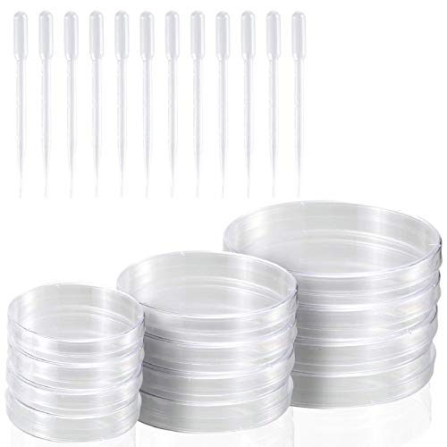 Petri juego de platos con tapas, 12 unidades de placas estériles de Petri en 3 tamaños con 12 unidades de pipetas de plástico de 3 ml para laboratorio, experimento, biología, estudios de microbiología Cover