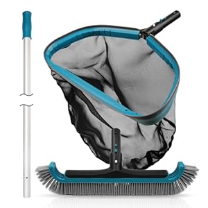 POOLWHALE Swimming Pool Cleaning Kit Aluminum Frame Skimmer Net with 10Ft Adjustable Pole 175 Pool Brush Head Pools Maintenance Kits for Inground Above Ground Swimming Pools Removes Debris