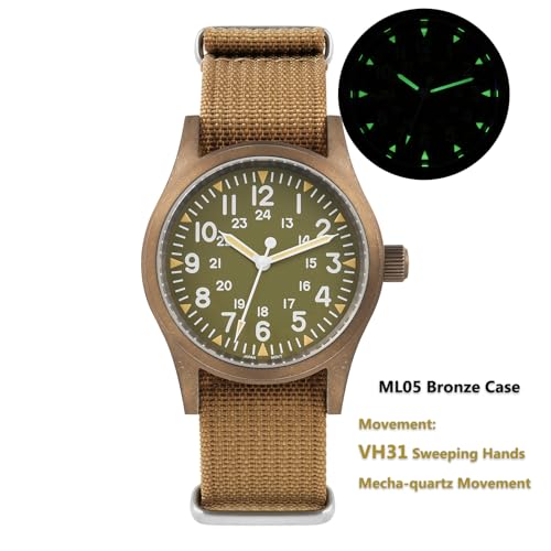 Image of Militado ML05 38mm VH31 Quartz Watch - Domed Sapphire Crystal Field Watch C3 Super Luminous Retro Sweep Wrist Watch for Men 100M Waterproof