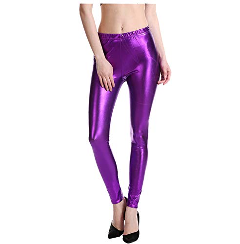 Pantalón Mujers Metalizado, Talle Alto, Polipiel elástica Flare Disco años 70, Fiesta Club Leggings Brillo, Cintura elástica, Rock, Carnaval Noche