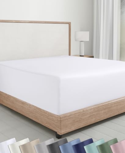 Soft Natural 100% Cotton Sateen Fitted Sheet Queen, Bright White