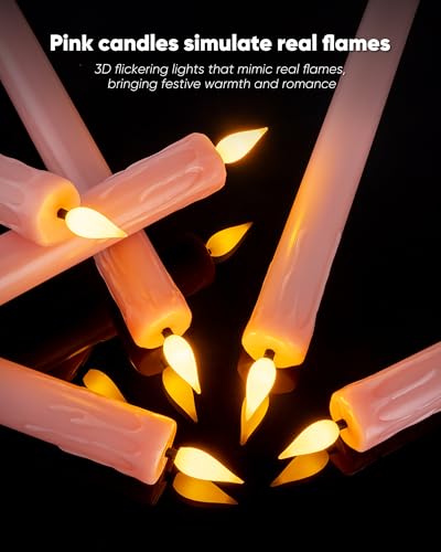 Image of Homemory 3 Pcs Waxy Pink Flameless Taper Candles with Remote Timer, LED Fake Candlesticks, 9.6 Inches Battery Tall Candle with 3D Flickering Flame for Wedding, Dinner, Christmas Anniversary Decor