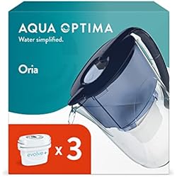 Jarra Filtradora AQUA OPTIMA qua Oria Jarra de Filtro de Agua y 3 Cartuchos de Filtro de Agua Evolve+ de 30 Días, Capacidad de 2,8 litros, Para la Reducción de Microplásticos, Cloro, Cal e Impurezas, Azul