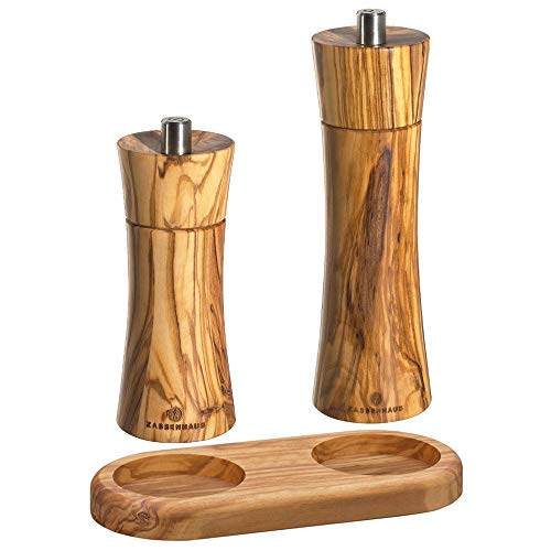 Zassenhaus Set Salzmühle 14 cm & Pfeffermühle 18 cm Frankfurt Olivenholz mit Olivenholz-Untersetzer Cover