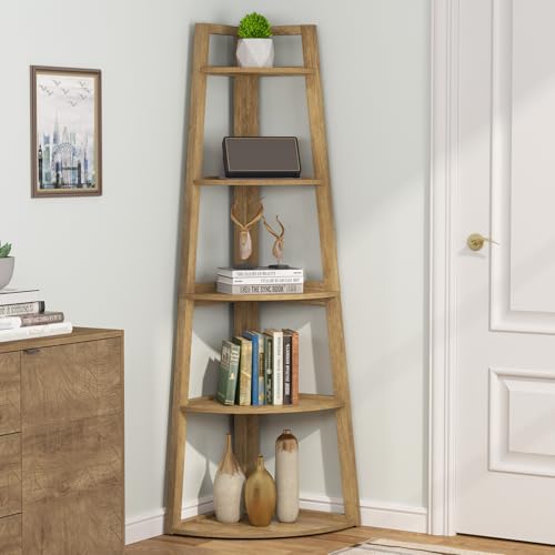 Image of Tribesigns 70 inch Tall Corner Shelf, 5 Tier Modern Corner Bookshelf Bookcase Industrial Corner Ladder Shelf Plant Stand for Living Room, Kitchen, Home Office (Light Brown)