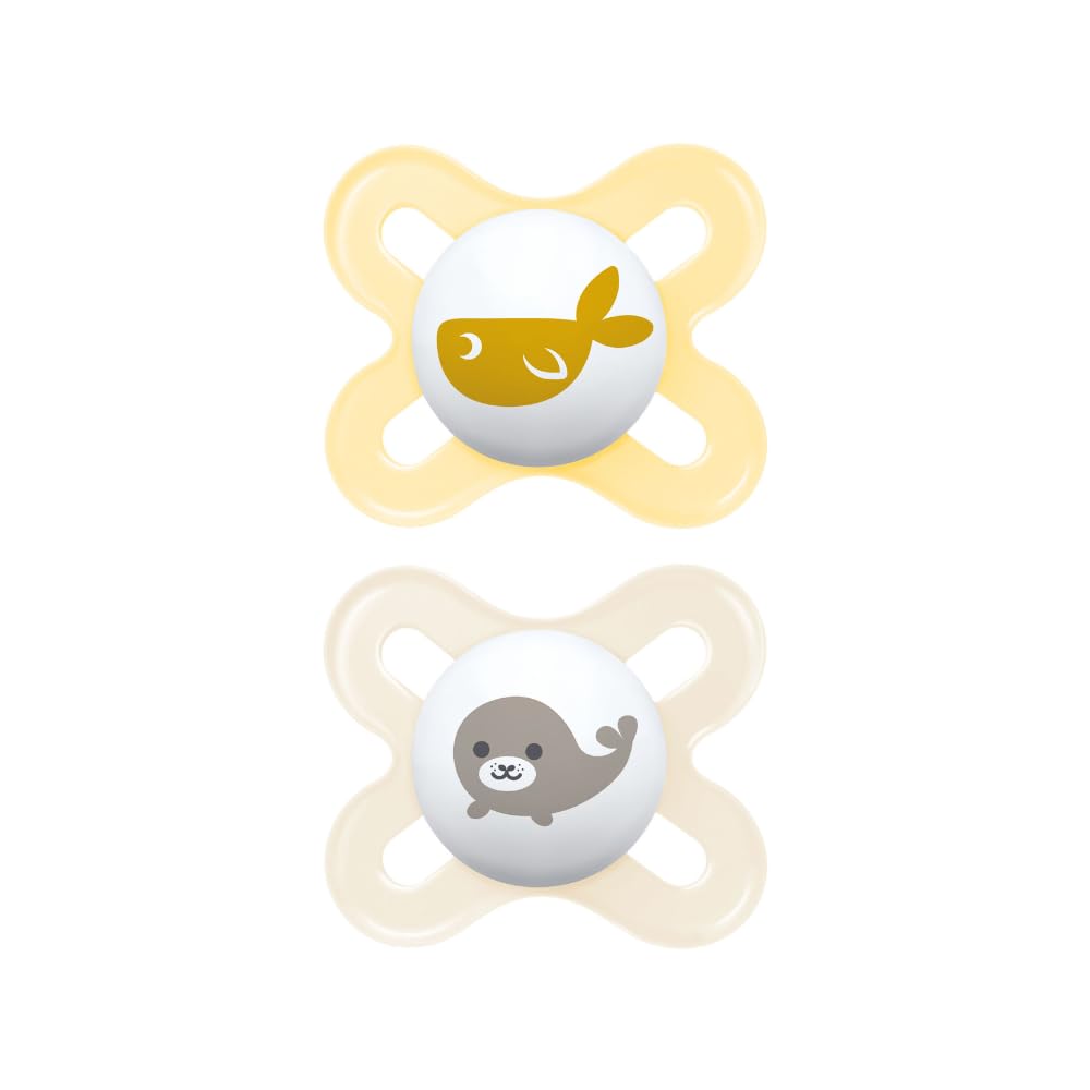 MAM Original Start Ciuccio per Neonato in Set da 2 Succhietti misura 0-2 mesi, Tettarella in Caucciù Naturale, Bio-circolare, con Custodia Porta Succhietto, Crema