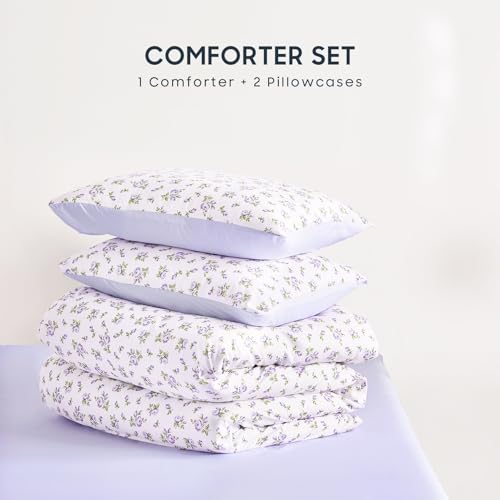 Image of Wake In Cloud - Floral Comforter Set, Coquette Cottagecore Aesthetic Flower Shabby Chic Pattern for Women Teen Girls, Soft Lightweight Bedding, 3 Pieces, White Purple, Twin /Twin XL Size