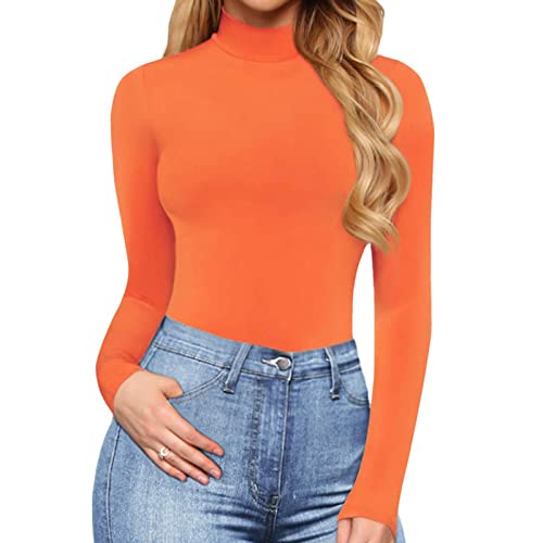 Generisch Body de manga larga para mujer, body de manga larga para mujer, mono elegante, cuello alto, body, body, body, camiseta de manga larga, manga larga, térmica, 02-naranja, L