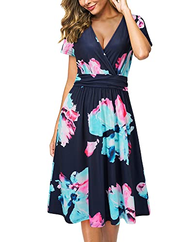 Image of Newshows Women's Pockets Wrap V Neck Floral Summer Vacation Casual Sundress | Wrinkle Free, Stretchy, Summer Beach Floral Sundress 2026, Casual Dress for Vacation, Guaduation, Side Pockets, A-line